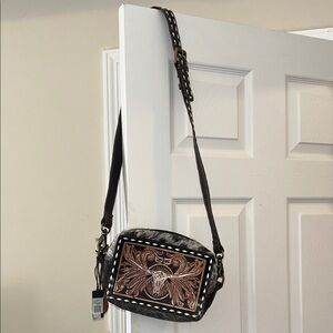 NWT Myra Bag Brown and Black Crossbody Bag with Embroidered Design